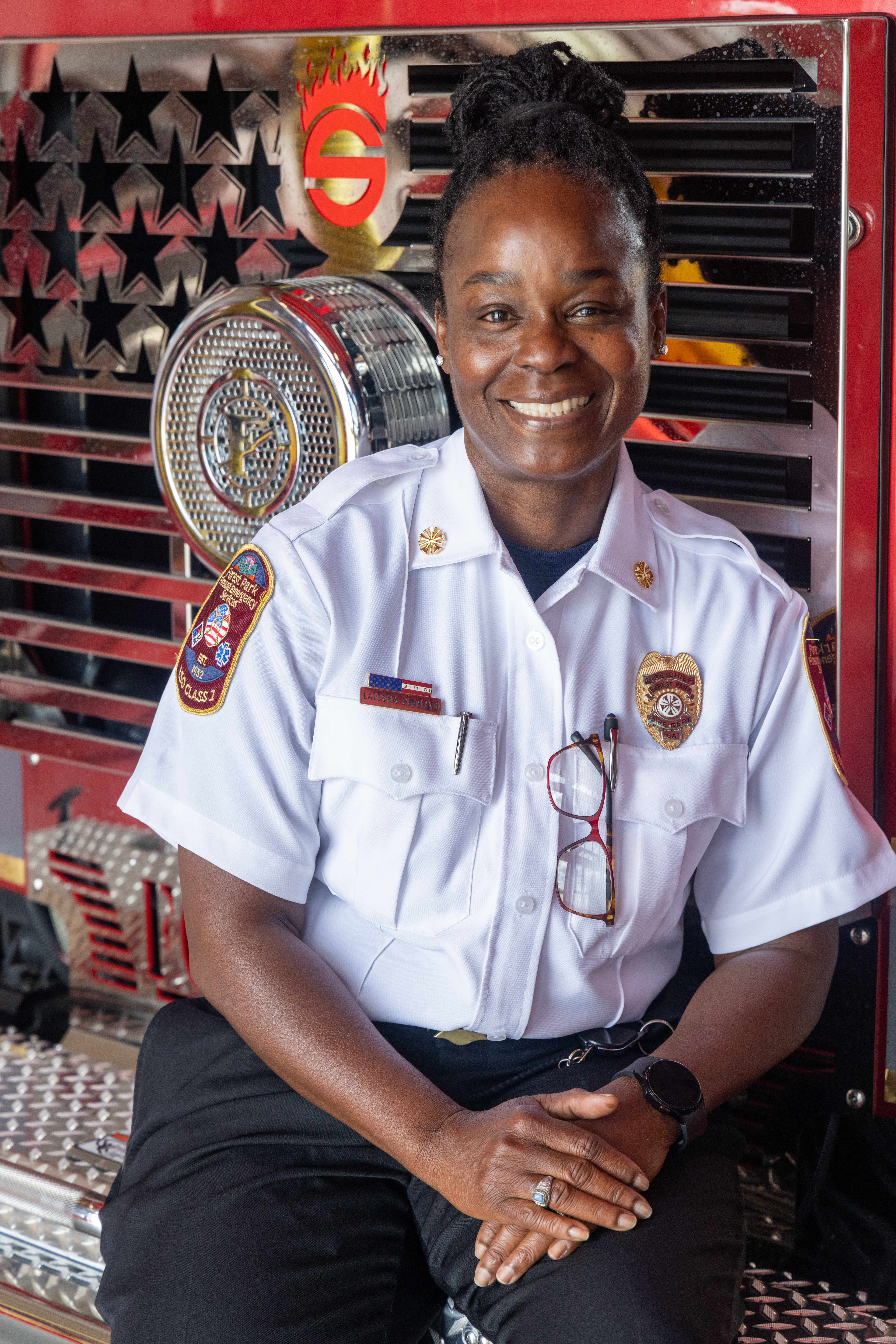 In 1996, Latosha Clemons became the first Black female firefighter in her hometown of Boynton Beach, Florida. Over the years, she moved up the ranks to become Forest Park's fire chief. (Phil Skinner for the AJC)