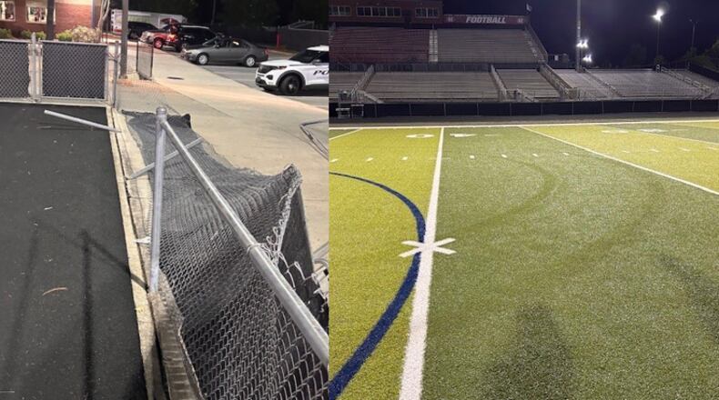 Two teenagers were arrested Tuesday after a truck knocked over a gate and some fencing before doing doughnuts on the football field at Mill Creek High School, officials said.