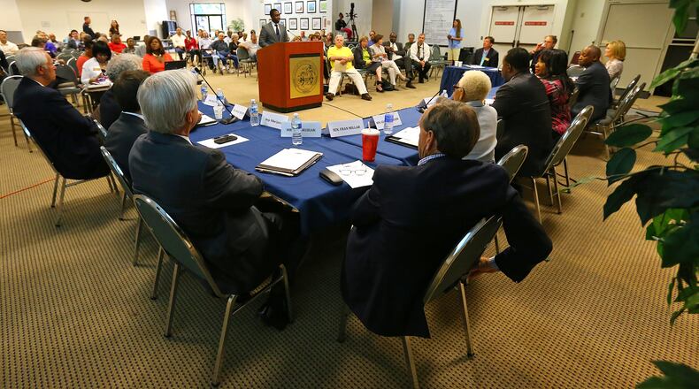 060514 DECATUR: A 17 member Operations Task Force meets for the first time at the Maloof Auditorium with the goal of fixing a broken DeKalb County on Thursday, June 5, 2014, in Decatur. CURTIS COMPTON / CCOMPTON@AJC.COM The DeKalb Operations Task Force met for the first time at the Maloof Auditorium on June 5, 2014. CURTIS COMPTON / CCOMPTON@AJC.COM