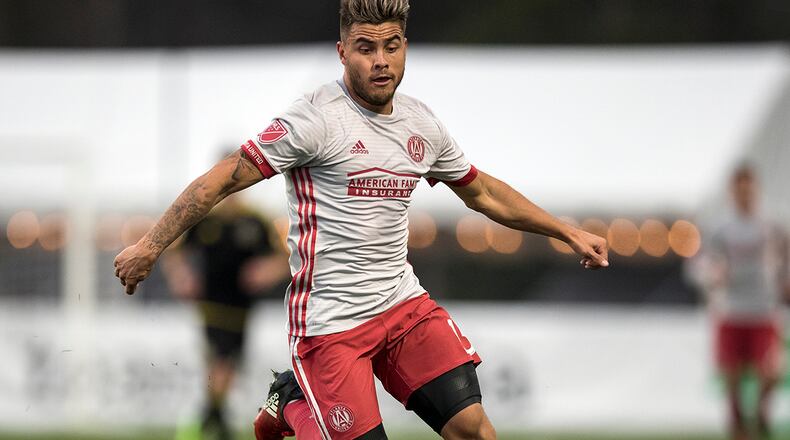 Charleston, South Carolina - February 18, 2017: Hector Villalba (#15) races down the touchline and into the Columbus Crew half of the field on Saturday, Feb. 18, 2017 in Charleston. (Photo by Alex Holt)