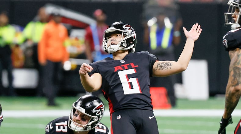 Atlanta Falcons placekicker Younghoe Koo (6) watches the ball hitting the post for a missed field-goal attempt during the first half of an NFL football game against the Tampa Bay Buccaneers on Sunday, Dec. 10, 2023, at Mercedes-Benz Stadium in Atlanta. (Miguel Martinez/miguel.martinezjimenez@ajc.com)