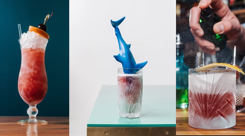 Three Mardi Gras drinks at Watchman's (from left): Hurricane, Shark Attack, Sazerac. COURTESY OF ANDREW THOMAS LEE