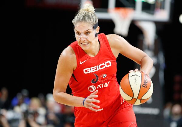 FILE - Washington Mystics' Elena Delle Donne drives up the court against the Las Vegas Aces during the second half of Game 3 of a WNBA playoff basketball series Sunday, Sept. 22, 2019, in Las Vegas. (AP Photo/John Locher, File)