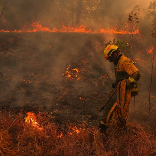 A firefighter carries a hose while battling a wildfire in San Martin de Valdeiglesias, west of Madrid, Spain, Sunday, July 26, 2026. (AP Photo/Manu Fernandez)