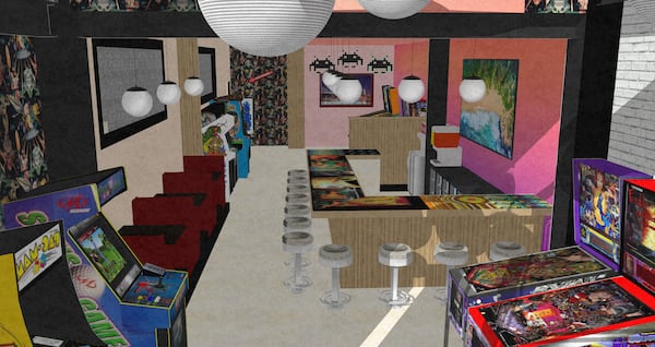 This artist's rendering shows the Tin Pin Game Bar, set to open in January next to Tin Lizzy’s in the Avenue East Cobb shopping center. Courtesy of Tin Pin Game Bar
