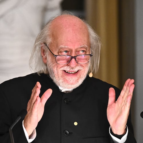 Laszlo Krasznahorkai, Nobel Prize laureate in Literature, delivers his Nobel Prize lecture in Stockholm, Sweden, Sunday Dec. 7, 2025. (Claudio Bresciani/TT News Agency via AP)