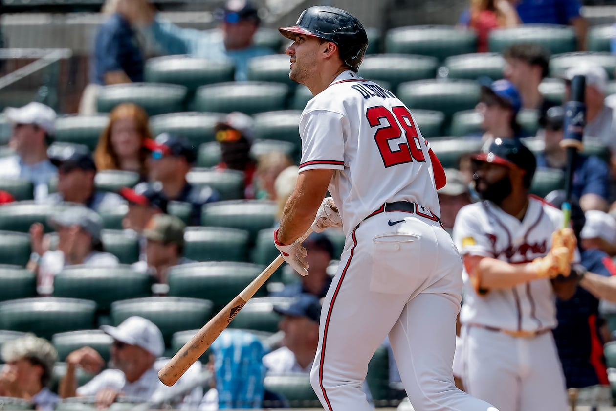 The Braves' Matt Olson watches his solo home run in the fourth inning against the Nationals on Sunday, Aug. 2, 2026, at Truist Park in Atlanta. Olson and Mike Yastrzemski homered for the Braves, who are 37-7 when hitting at least two home runs. (Erik S. Lesser/AP)