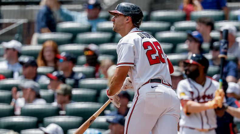 The Braves' Matt Olson watches his solo home run in the fourth inning against the Nationals on Sunday, Aug. 2, 2026, at Truist Park in Atlanta. Olson and Mike Yastrzemski homered for the Braves, who are 37-7 when hitting at least two home runs. (Erik S. Lesser/AP)