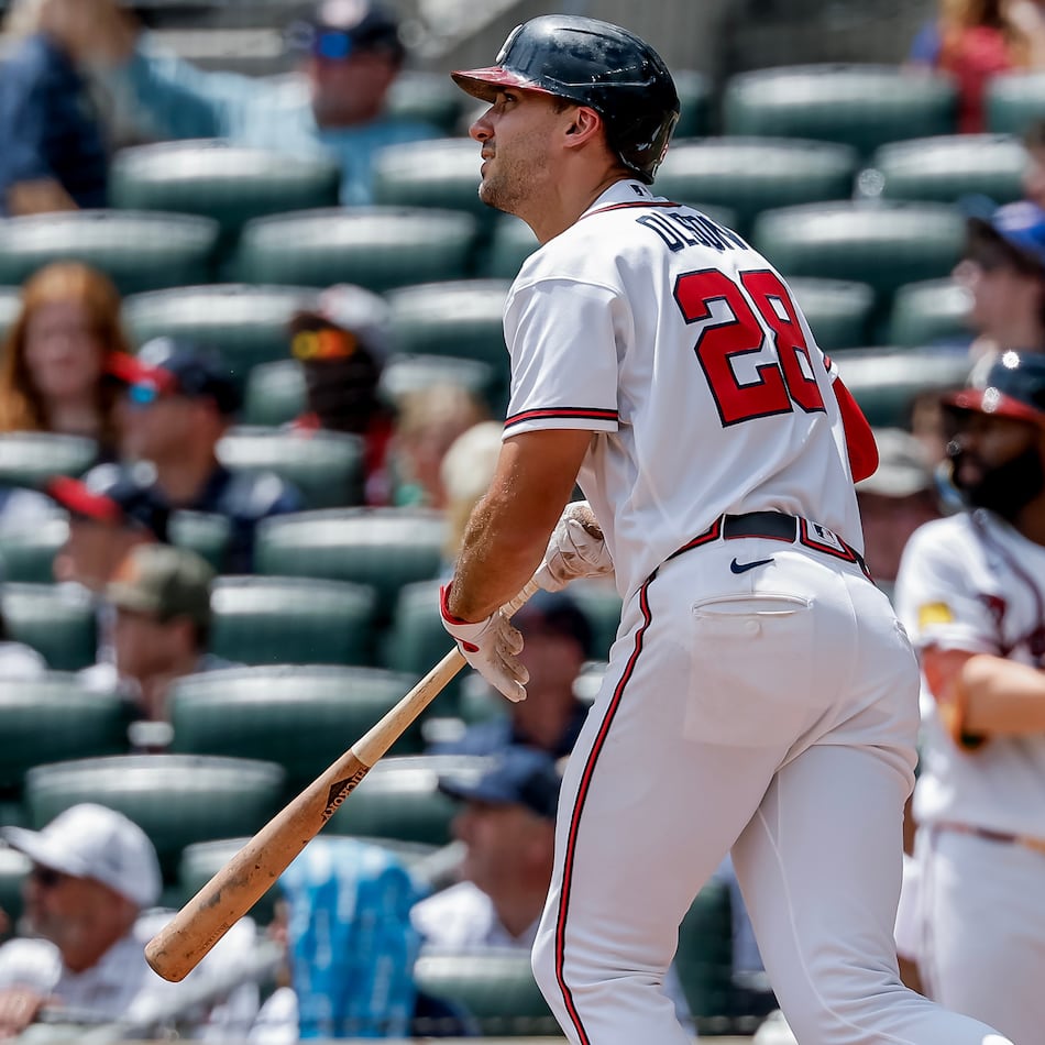 The Braves' Matt Olson watches his solo home run in the fourth inning against the Nationals on Sunday, Aug. 2, 2026, at Truist Park in Atlanta. Olson and Mike Yastrzemski homered for the Braves, who are 37-7 when hitting at least two home runs. (Erik S. Lesser/AP)