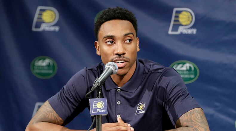 The Pacers, who acquired Jeff Teague from the Atlanta Hawks in a three-team trade, introduce the guard during a news conference Monday, July 11, 2016, in Indianapolis.