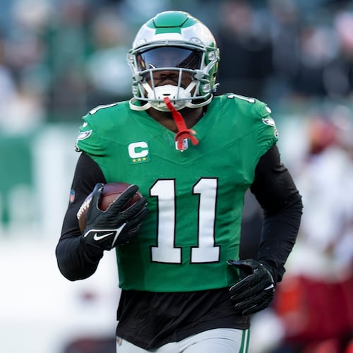 FILE - Philadelphia Eagles wide receiver A.J. Brown in action prior to an NFL football game against the Washington Commanders, Jan. 4, 2026, in Philadelphia. (AP Photo/Chris Szagola, File)