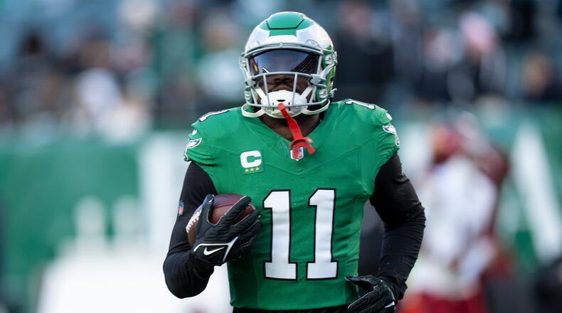 FILE - Philadelphia Eagles wide receiver A.J. Brown in action prior to an NFL football game against the Washington Commanders, Jan. 4, 2026, in Philadelphia. (AP Photo/Chris Szagola, File)