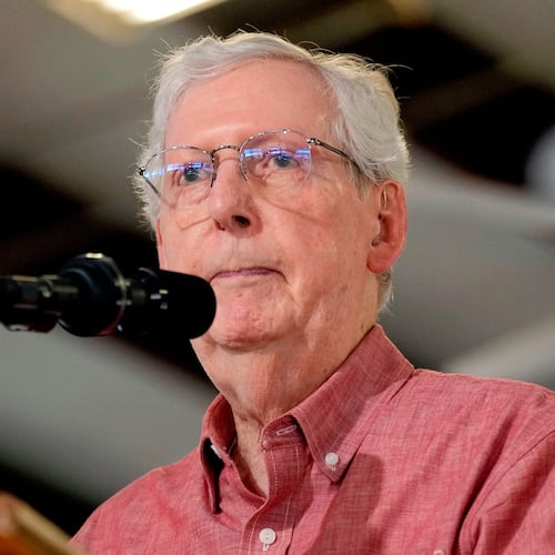 FILE - Sen. Mitch McConnell, R-Ky., speaks at an event, Aug. 2, 2025, in Fancy Farm, Ky. (AP Photo/Mark Humphrey, File)