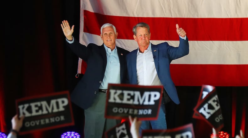 052322 Kennesaw: Former Vice President Mike Pence headlines the get-out-the-vote rally with Governor Brian Kemp on the eve of Georgia’s primary at the Cobb County International Airport on Monday, May 23, 2022, in Kennesaw. “Curtis Compton / Curtis.Compton@ajc.com”