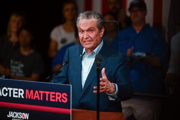 Republican gubernatorial nominee Rick Jackson speaks during the Character Matters rally Saturday, Aug. 22, 2026, at Tannery Row in Buford, Ga. (Natrice Miller for the AJC)