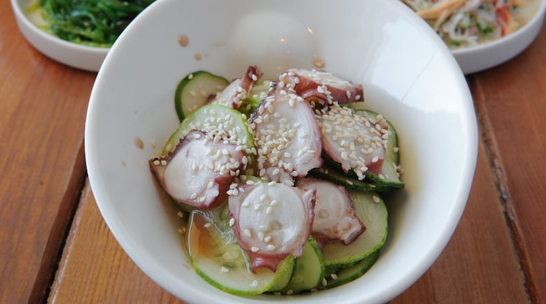 Among the salads at Hajime are the cucumber with octopus, seasoned seaweed and seasoned crab. (BECKY STEIN PHOTOGRAPHY)