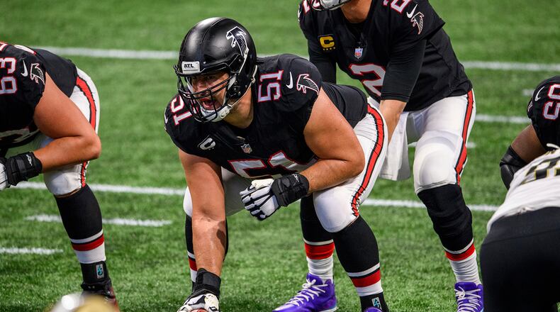 Atlanta Falcons center Alex Mack (51) lines up during the second half of an NFL football game against the New Orleans Saints, Sunday, Dec. 6, 2020, in Atlanta. The New Orleans Saints won 21-16. (AP Photo/Danny Karnik)