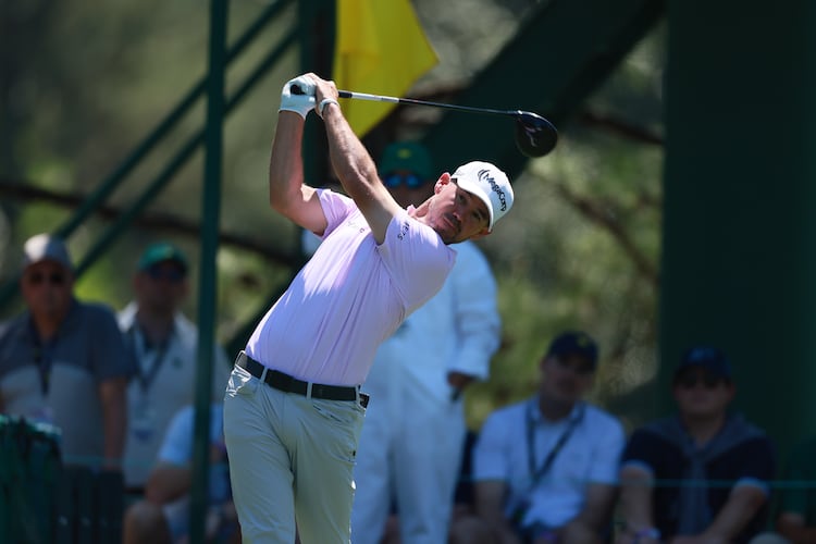 Brian Harman tees off on the first hole during the third round of the Masters at Augusta National Golf Club, Saturday, April 11, 2026, in Augusta, Ga. (Jason Getz/AJC)