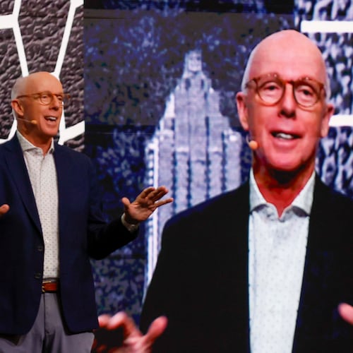 2026 Board Chair Rich McKay delivered his remarks on stage at the Metro Atlanta Chamber’s annual meeting, held at the College Football Hall of Fame in Atlanta on Thursday, Nov. 13, 2025. (Miguel Martinez/AJC)
