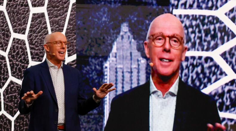 2026 Board Chair Rich McKay delivered his remarks on stage at the Metro Atlanta Chamber’s annual meeting, held at the College Football Hall of Fame in Atlanta on Thursday, Nov. 13, 2025. (Miguel Martinez/AJC)