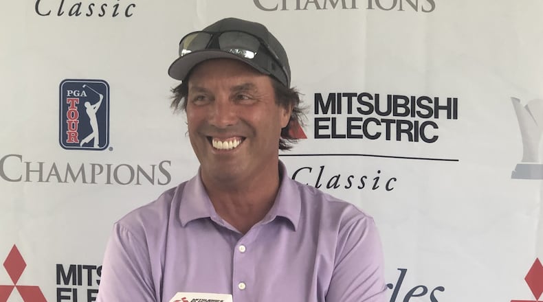 Stephen Ames is all smiles after his second-round 64 gives him a three-shot leading going into the final round of the 2023 Mitsubishi Electric Classic at TPC Sugarloaf.
