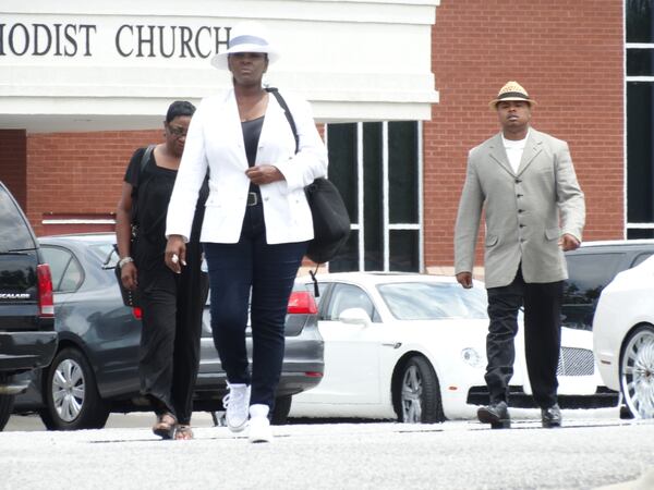 Leolah Brown, Bobby Brown’s sister, walked out during Pat Houston’s speech at Bobbi Kristina’s funeral, talked to the press, then returned. CREDIT: Rodney Ho/rho@ajc.com
