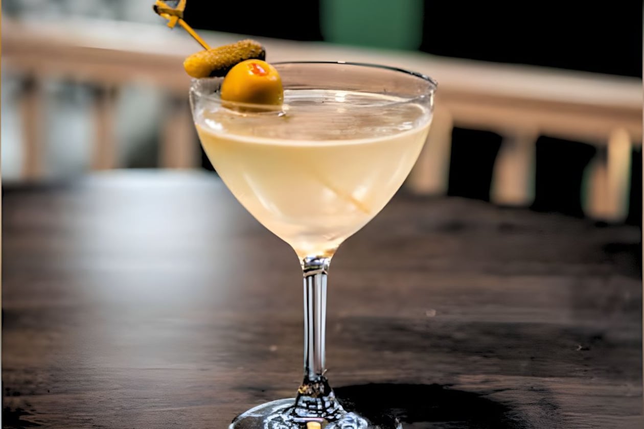 Dill martini garnished with a gherkin and an olive in a restaurant