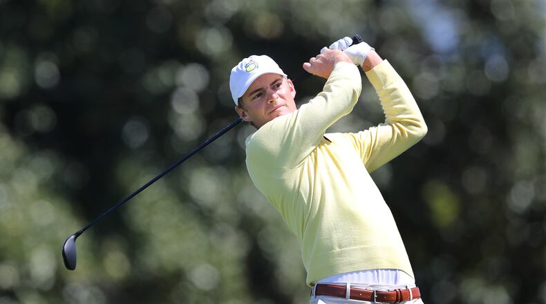 Tyler Strafaci, the reigning U.S. Amateur champion by way of Georgia Tech, tees off on No. 10 for some back-nine practice at the Masters.   “Curtis Compton / Curtis.Compton@ajc.com”