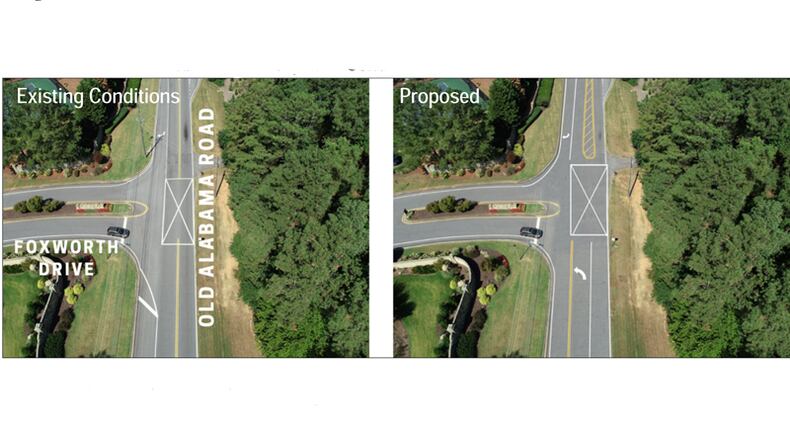 Photo illustrations depict “before” and “after” a left-turn lane is installed at Old Alabama Road and Foxworth Drive in Johns Creek. CITY OF JOHNS CREEK