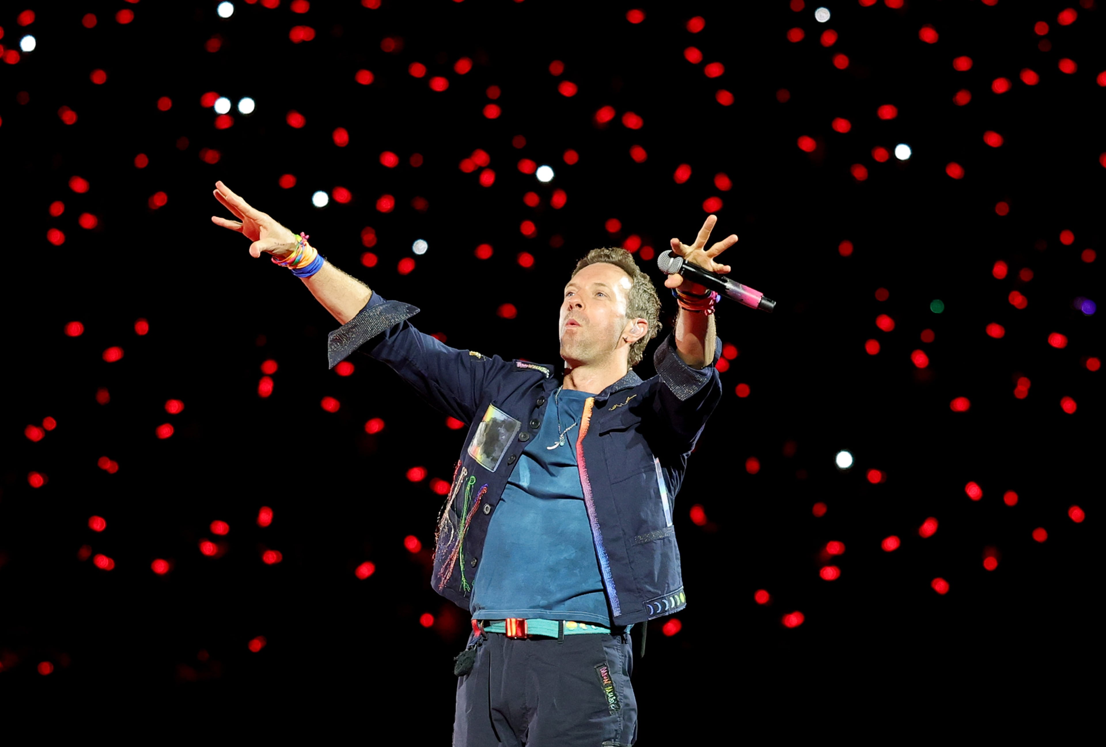 Chris Martin of Coldplay performs on a stop of the band's Music of the Spheres world tour at Allegiant Stadium, June 6, 2025, in Las Vegas. (Ethan Miller/Getty Images/TNS)