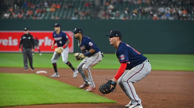Minnesota Twins players deploy a defensive shift during the fourth inning of a baseball game against the Baltimore Orioles , Wednesday, May 4, 2022, in Baltimore. (AP Photo/Tommy Gilligan)