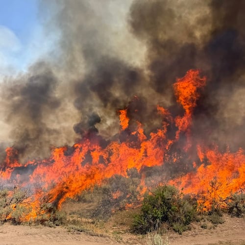 This undated photo provided by the U.S. Forest Service on Friday, Aug. 7, 2026, shows the Widemouth 2 wildfire burning near Richfield, Utah. (U.S. Forest Service/Fishlake National Forest via AP)