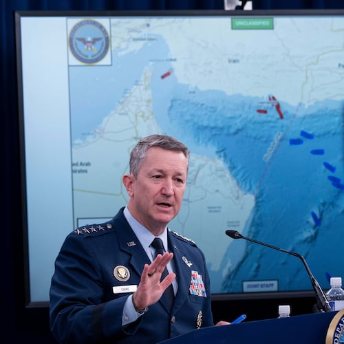 Chairman of the Joint Chiefs of Staff Gen. Dan Caine speaks to members of the media during a press briefing at the Pentagon, Thursday, April 16, 2026 in Washington. (AP Photo/Kevin Wolf)