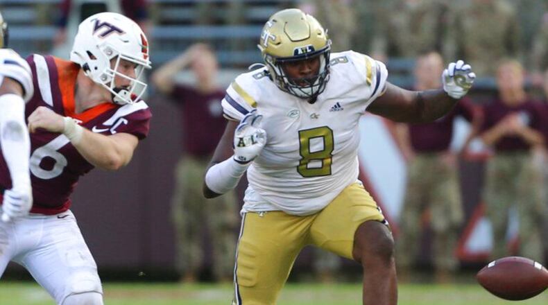 Georgia Tech's Makius Scott (8) will compete for playing time with fellow returning starter D’Quan Douse and former Clemson defensive tackle Etinosa Reuben. (Matt Gentry/The Roanoke Times via AP)