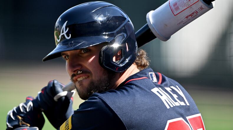 Atlanta Braves third baseman Austin Riley practices his swing during the first full-squad spring training workouts at CoolToday Park on Sunday, Feb. 15, 2026, in North Port, Fla. (Hyosub Shin/AJC)