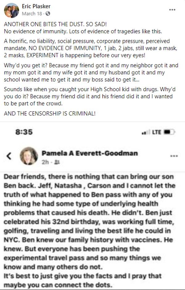 Marietta chiropractor Eric Plasker shared this Facebook post, including a purported story of a 32-year-old man suffering seizures and dying of a heart attack after receiving the Johnson & Johnson vaccine.