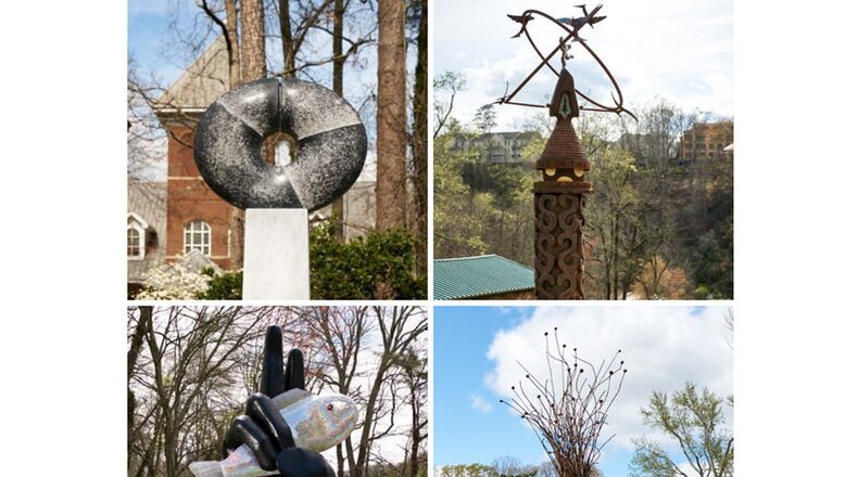 Four outdoor sculptures have been donated to the city of Roswell (clockwise, from top left): “Granite Ring,” by Chris Rothermel; “The Uniting of Work and Spirit,” by Robert Clements; “Horse Apple,” by James Hetherington; and “Ask the Fish 2.0,” by Stephen Fairfield. ROSWELL ARTS FUND