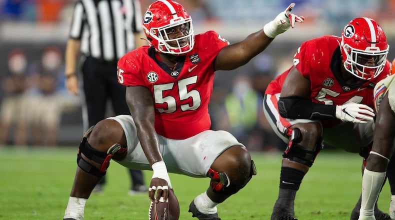 Georgia center Trey Hill (55) calls out protections during the Bulldogs' game with Florida Saturday, Nov. 7, 2020, in Jacksonville, Fla. (Matt Stamey/UGA Sports)