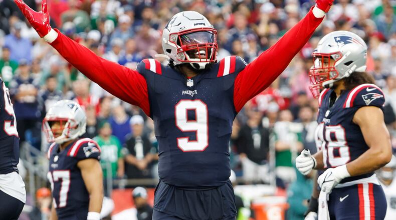 New England Patriots linebacker Matthew Judon during an NFL football game against the Philadelphia Eagles at Gillette Stadium, Sunday, Sept. 10, 2023 in Foxborough, Mass. (Winslow Townson/AP Images for Panini)