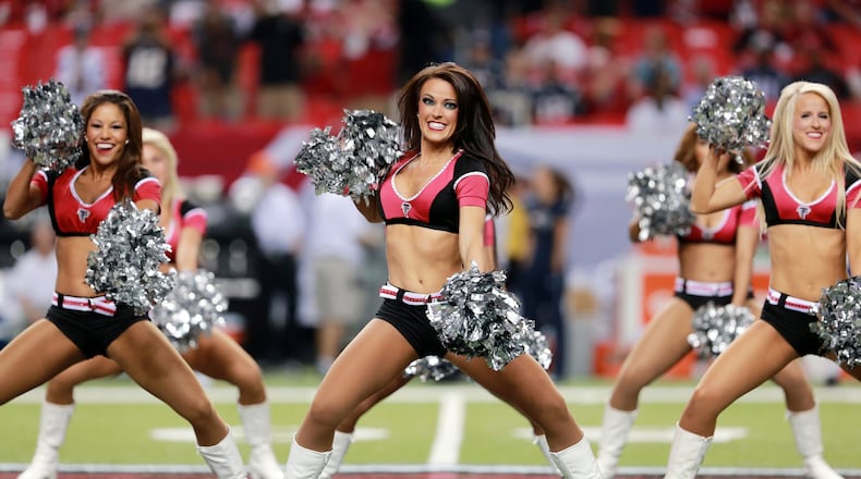 Dana Luker, a second-year cheerleader, performs earlier this year when the Atlanta Falcons took on the New England Patriots. Luker works full-time as a certified public accountant. Photo courtesy of the Atlanta Falcons