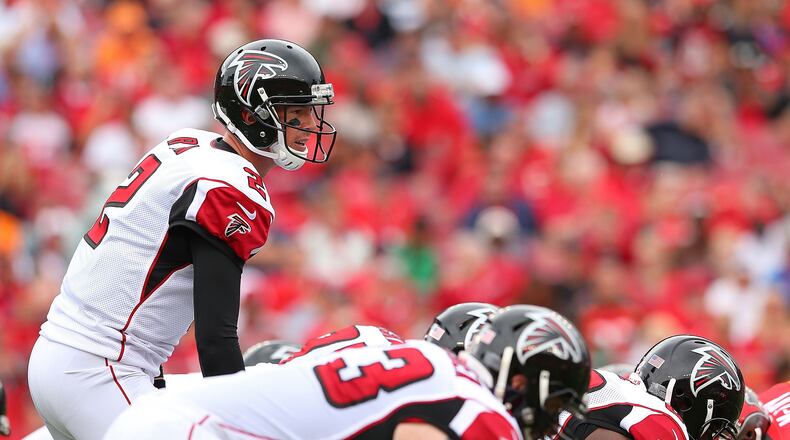 TAMPA, FL - NOVEMBER 09: Matt Ryan #2 of the Atlanta Falcons calls a play during the first quarter of the game against the Tampa Bay Buccaneers at Raymond James Stadium on November 9, 2014 in Tampa, Florida. (Photo by Mike Ehrmann/Getty Images)