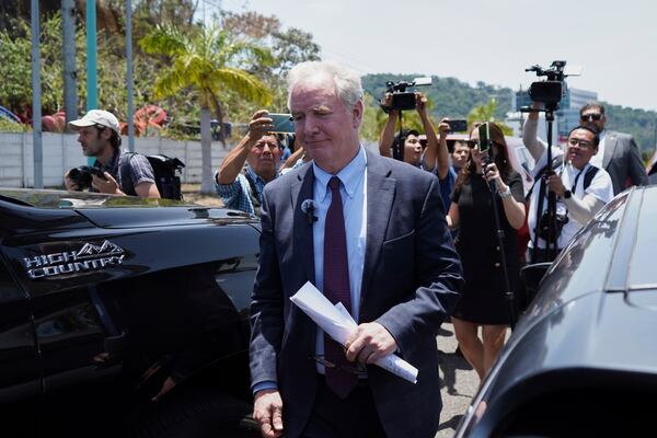 Maryland Sen. Chris Van Hollen speaks to the press in La Libertad, El Salvador, where he arrived regarding Kilmar Abrego Garcia, a Salvadoran citizen who was living in Maryland and deported to El Salvador by the Trump administration, Wednesday, April 16, 2025. (AP Photo/Salvador Melendez)