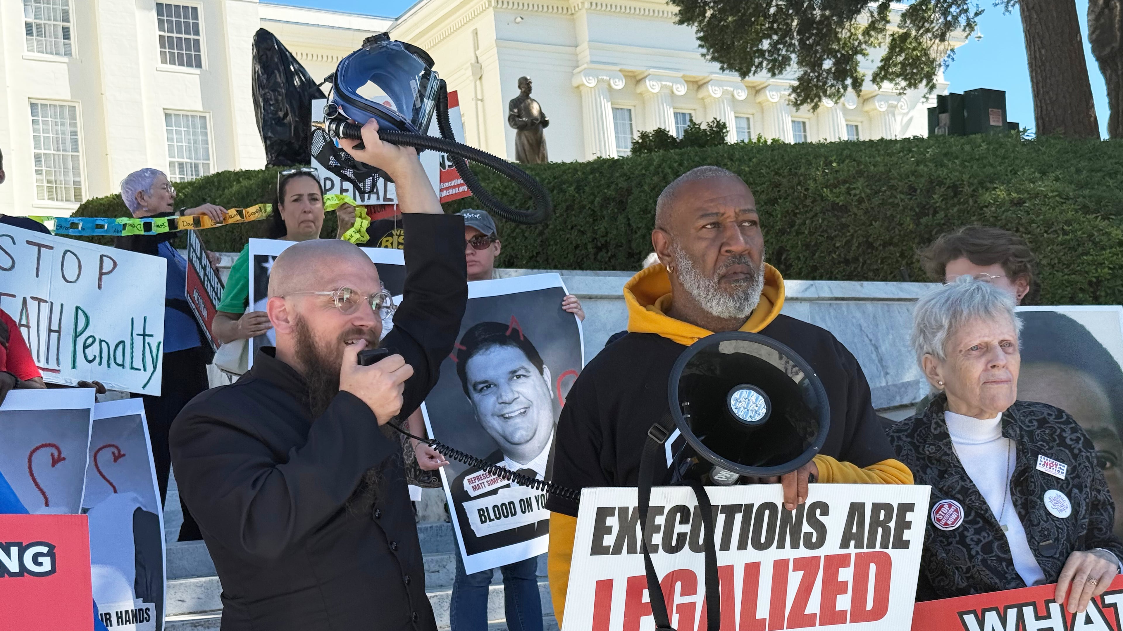 The Rev. Jeff Hood speaks at a protest against the death penalty on Wednesday, Oct. 22, 2025, at the Alabama Capitol in Montgomery, Ala. (AP Photo/Kim Chandler)