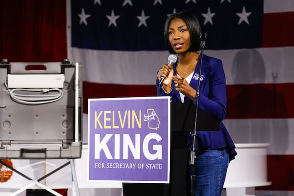 Republican State Election Board Member Janelle King speaks at Kelvin King’s Republican Secretary of State campaign kickoff at Park Bench Battery in Atlanta on Tuesday, Oct. 7, 2025. (Abbey Cutrer/AJC)
