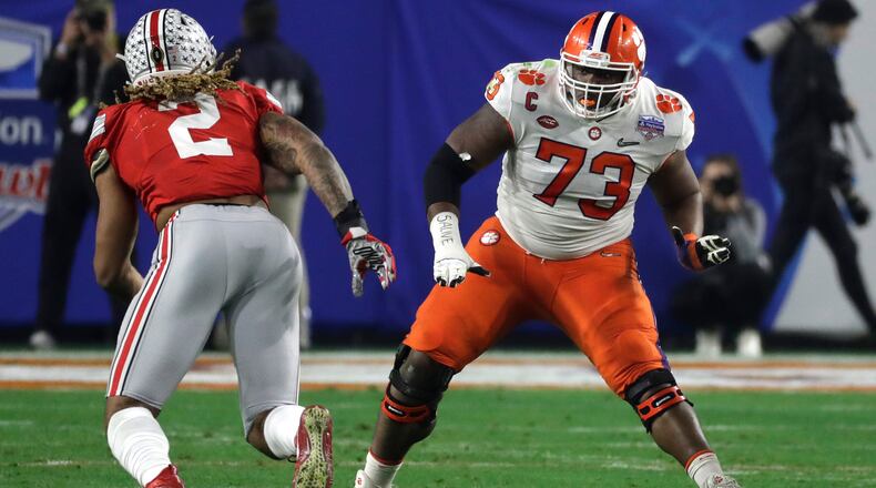 Clemson offensive tackle Tremayne Anchrum (73) defends against Ohio State defender Chase Young during the first half of the Fiesta Bowl NCAA college football game Dec. 28, 2019 in Glendale, Ariz. (AP Photo/Rick Scuteri).