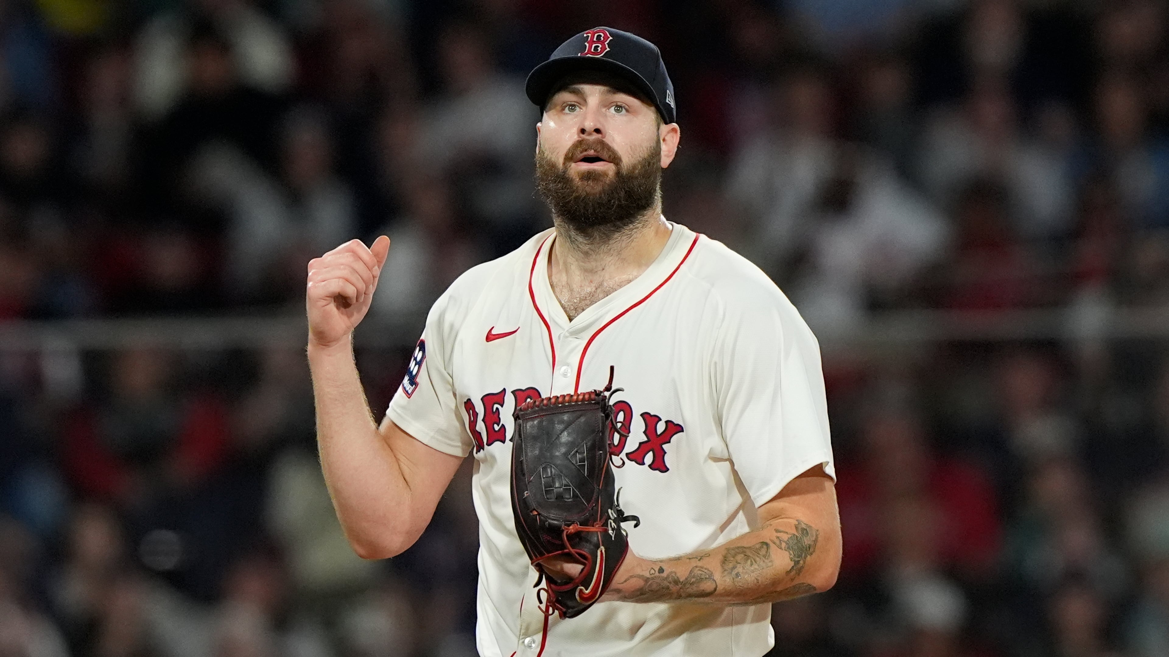 Boston Red Sox starting pitcher Lucas Giolito reacts after striking out Athletics Lawrence Butler with bases loaded in the third inning in of a baseball game against the Athletics, Wednesday, Sept. 17, 2025, in Boston. (AP Photo/Robert F. Bukaty)