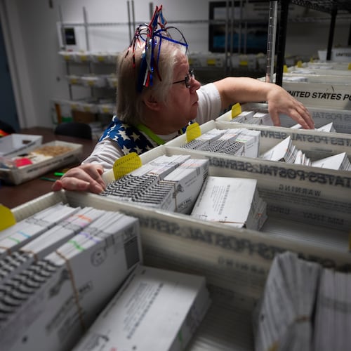 FILE - Election worker Wendy Wimer looks through vote-by-mail ballots for the presidential primary election, March 12, 2024, at the Clark County Elections Office in Vancouver, Wash. (AP Photo/Jenny Kane, File)