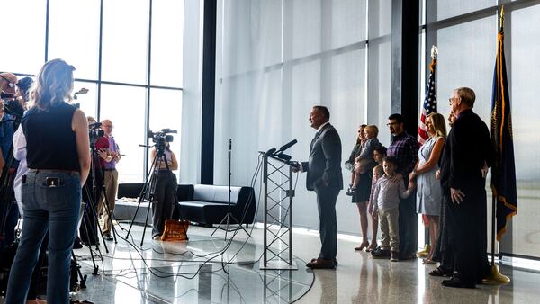 Rep. Don Bacon, R-Neb. announces his retirement during a press conference at Eppley Airfield in Omaha, Neb. on Monday, June 30, 2025. (Chris Machian/Omaha World-Herald via AP)