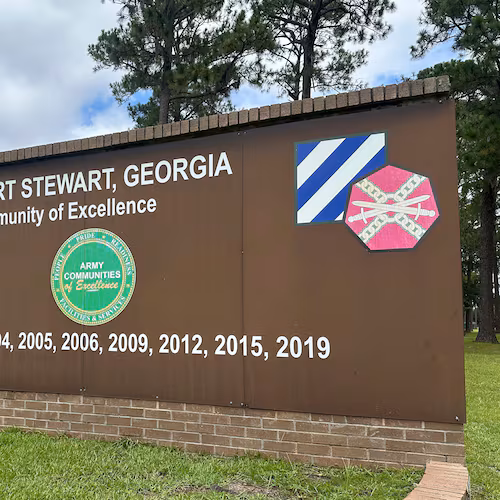 FILE - A sign outside the main gate of Fort Stewart, Ga., is shown Aug. 6, 2025. (AP Photo/Russ Bynum, File)