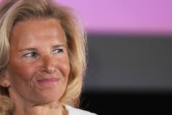 Cannes film festival president Iris Knobloch attends a press conference to announce the International Cannes film festival line up for the upcoming 78th edition of the Cannes Film Festival, Thursday, April 10, 2025 in Paris. (AP Photo/Michel Euler)